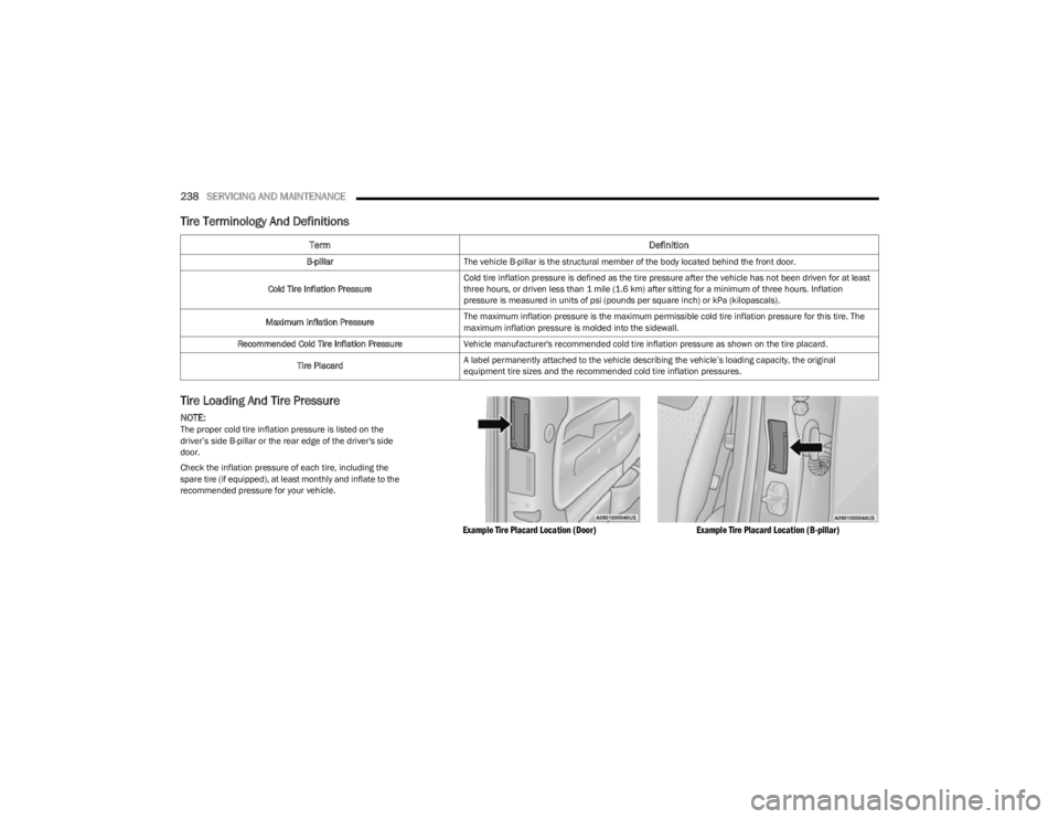 JEEP CHEROKEE 2023 Owners Manual
238SERVICING AND MAINTENANCE
Tire Terminology And Definitions
Tire Loading And Tire Pressure
NOTE:The proper cold tire inflation pressure is listed on the
driver’s side B-pillar or the rear e JEEP CHEROKEE 2023 Owners Manual
238SERVICING AND MAINTENANCE
Tire Terminology And Definitions
Tire Loading And Tire Pressure
NOTE:The proper cold tire inflation pressure is listed on the
driver’s side B-pillar or the rear e