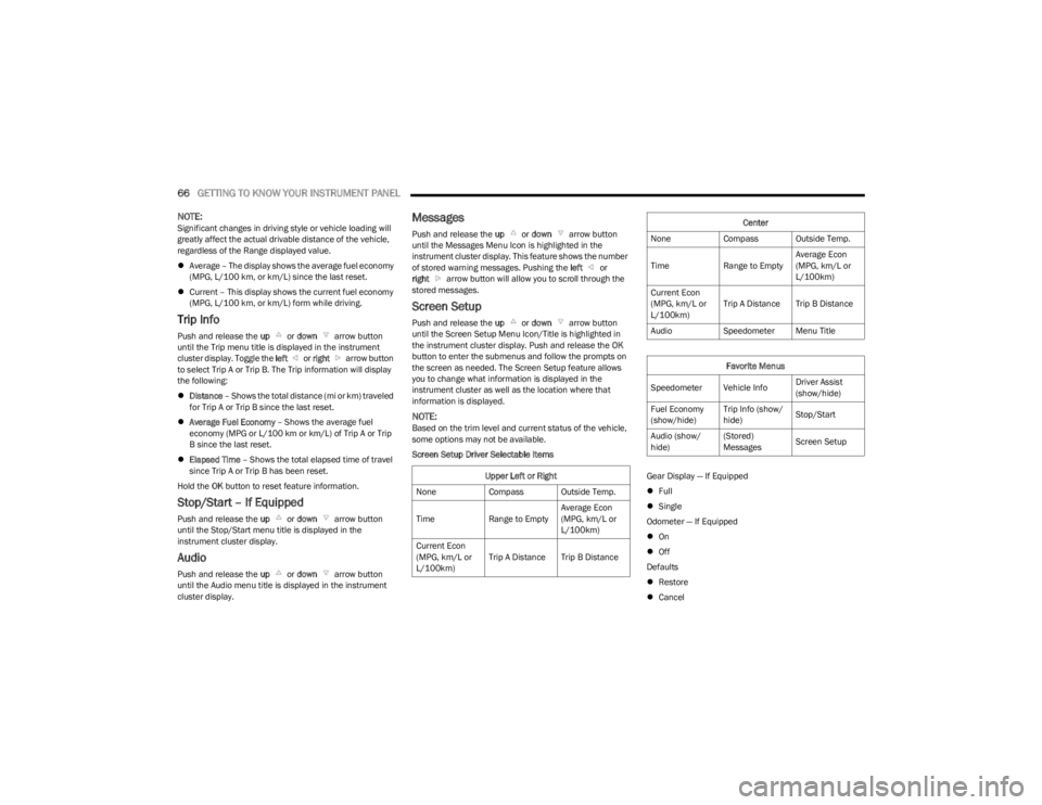 JEEP CHEROKEE 2023  Owners Manual 
66GETTING TO KNOW YOUR INSTRUMENT PANEL  
NOTE:Significant changes in driving style or vehicle loading will 
greatly affect the actual drivable distance of the vehicle, 
regardless of the Range displ