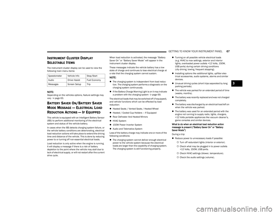 JEEP CHEROKEE 2023  Owners Manual 
GETTING TO KNOW YOUR INSTRUMENT PANEL67
INSTRUMENT CLUSTER DISPLAY 
S
ELECTABLE ITEMS
The instrument cluster display can be used to view the 
following main menu items:
NOTE:Depending on the vehicles