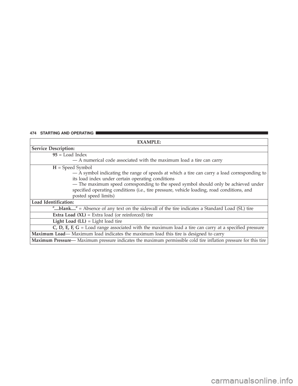JEEP WRANGLER UNLIMITED 2013  Owners Manual EXAMPLE:
Service Description:
95 = Load Index
— A numerical code associated with the maximum load a tire can carry
H = Speed Symbol
— A symbol indicating the range of speeds at which a tire can ca