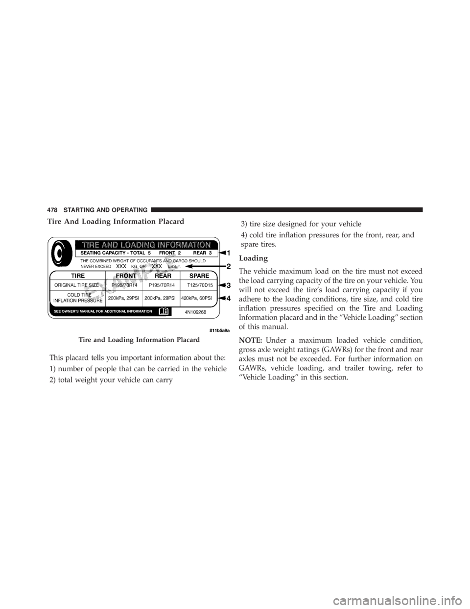 JEEP WRANGLER UNLIMITED 2013  Owners Manual Tire And Loading Information Placard
This placard tells you important information about the:
1) number of people that can be carried in the vehicle
2) total weight your vehicle can carry 3) tire size 