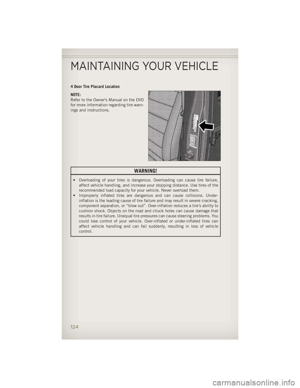 JEEP WRANGLER UNLIMITED 2014 Owners Manual 4 Door Tire Placard Location
NOTE:
Refer to the Owner's Manual on the DVD
for more information regarding tire warn-
ings and instructions.
WARNING!• Overloading of your tires is dangerous. Overl JEEP WRANGLER UNLIMITED 2014 Owners Manual 4 Door Tire Placard Location
NOTE:
Refer to the Owner's Manual on the DVD
for more information regarding tire warn-
ings and instructions.
WARNING!• Overloading of your tires is dangerous. Overl