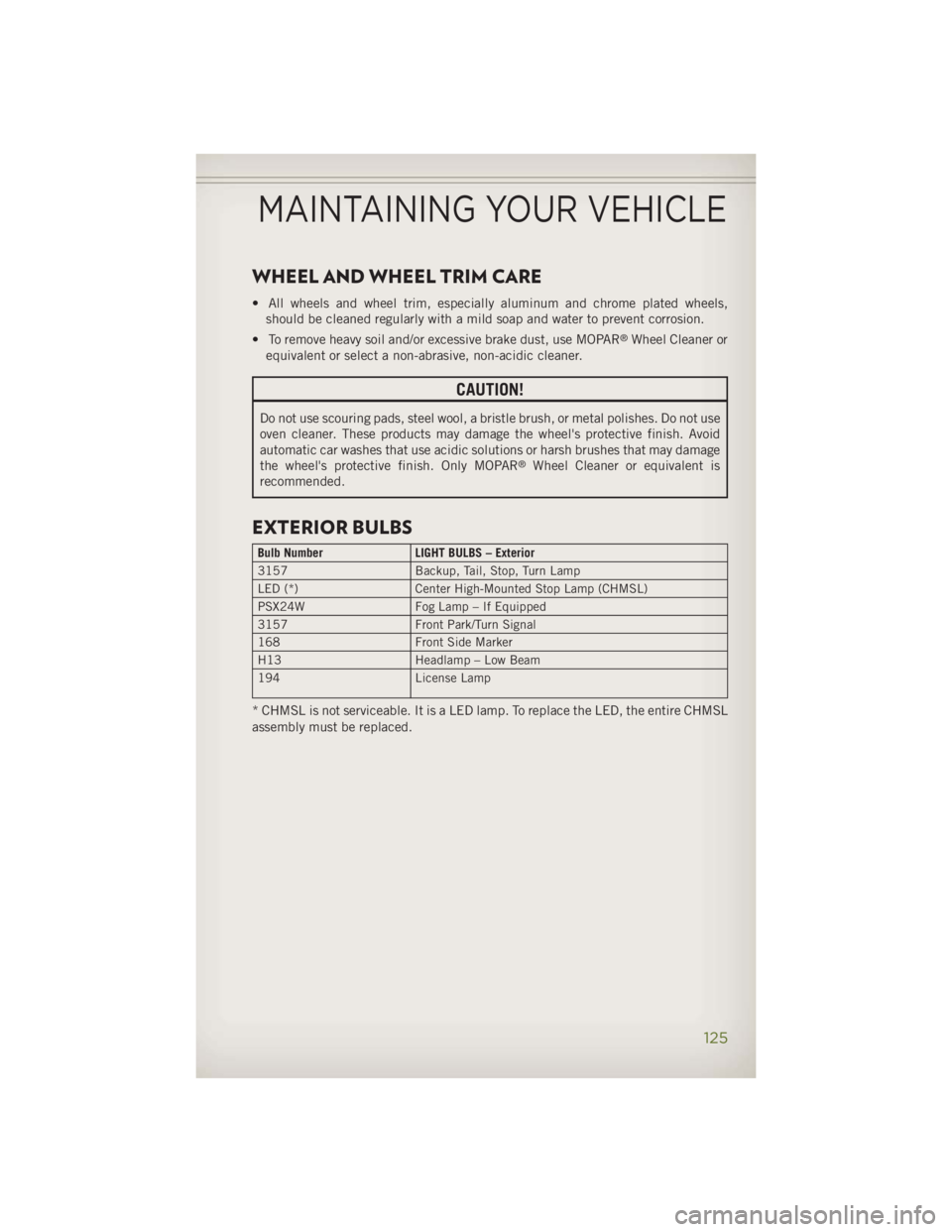 JEEP WRANGLER UNLIMITED 2014 Owners Manual WHEEL AND WHEEL TRIM CARE • All wheels and wheel trim, especially aluminum and chrome plated wheels,
should be cleaned regularly with a mild soap and water to prevent corrosion.
• To remove heavy JEEP WRANGLER UNLIMITED 2014 Owners Manual WHEEL AND WHEEL TRIM CARE • All wheels and wheel trim, especially aluminum and chrome plated wheels,
should be cleaned regularly with a mild soap and water to prevent corrosion.
• To remove heavy