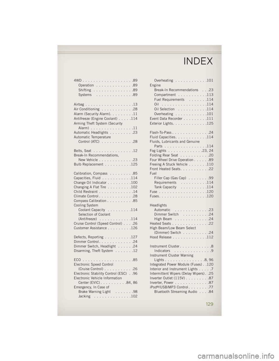 JEEP WRANGLER UNLIMITED 2014 Owners Manual 4WD...................89
Operation ..............89
Shifting ...............89
Systems ..............89
Airbag..................13
Air Conditioning ............28
Alarm (Security Alarm) .........11
An JEEP WRANGLER UNLIMITED 2014 Owners Manual 4WD...................89
Operation ..............89
Shifting ...............89
Systems ..............89
Airbag..................13
Air Conditioning ............28
Alarm (Security Alarm) .........11
An