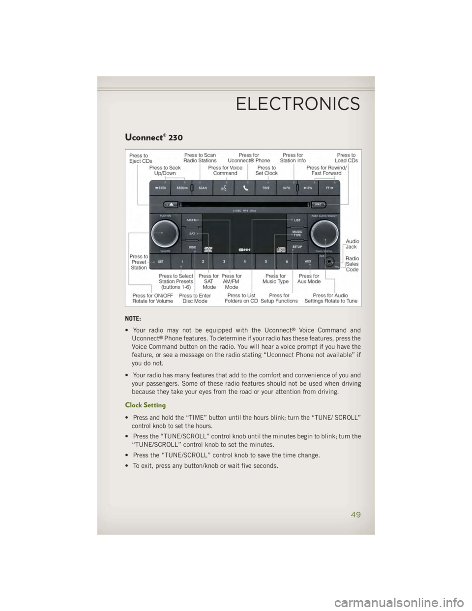 JEEP WRANGLER UNLIMITED 2014 Workshop Manual Uconnect® 230
NOTE:
• Your radio may not be equipped with the Uconnect ®
Voice Command and
Uconnect ®
Phone features. To determine if your radio has these features, press the
Voice Command button JEEP WRANGLER UNLIMITED 2014 Workshop Manual Uconnect® 230
NOTE:
• Your radio may not be equipped with the Uconnect ®
Voice Command and
Uconnect ®
Phone features. To determine if your radio has these features, press the
Voice Command button