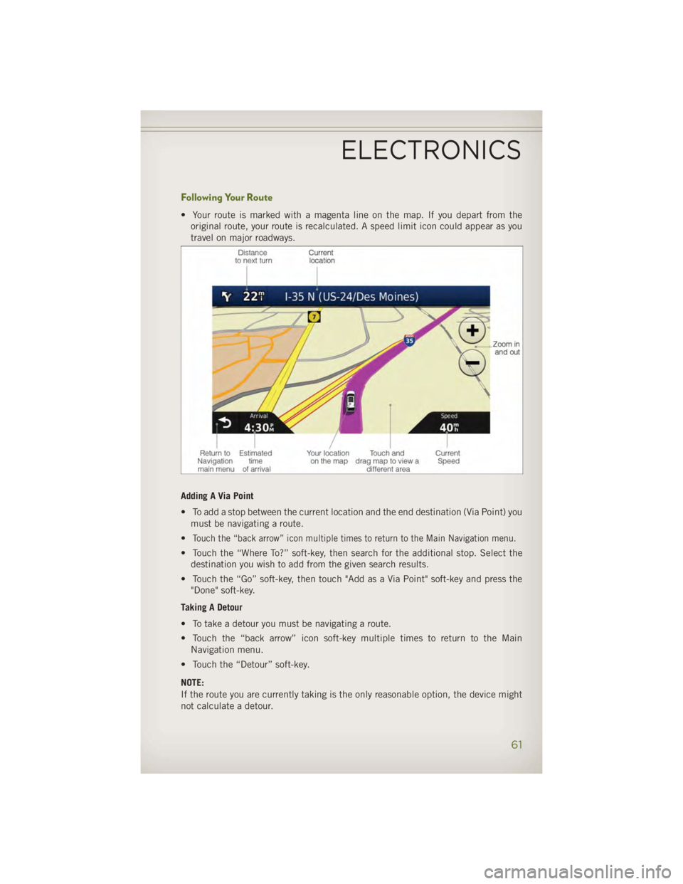 JEEP WRANGLER UNLIMITED 2014 Repair Manual Following Your Route • Your route is marked with a magenta line on the map. If you depart from the
original route, your route is recalculated. A speed limit icon could appear as you
travel on major JEEP WRANGLER UNLIMITED 2014 Repair Manual Following Your Route • Your route is marked with a magenta line on the map. If you depart from the
original route, your route is recalculated. A speed limit icon could appear as you
travel on major