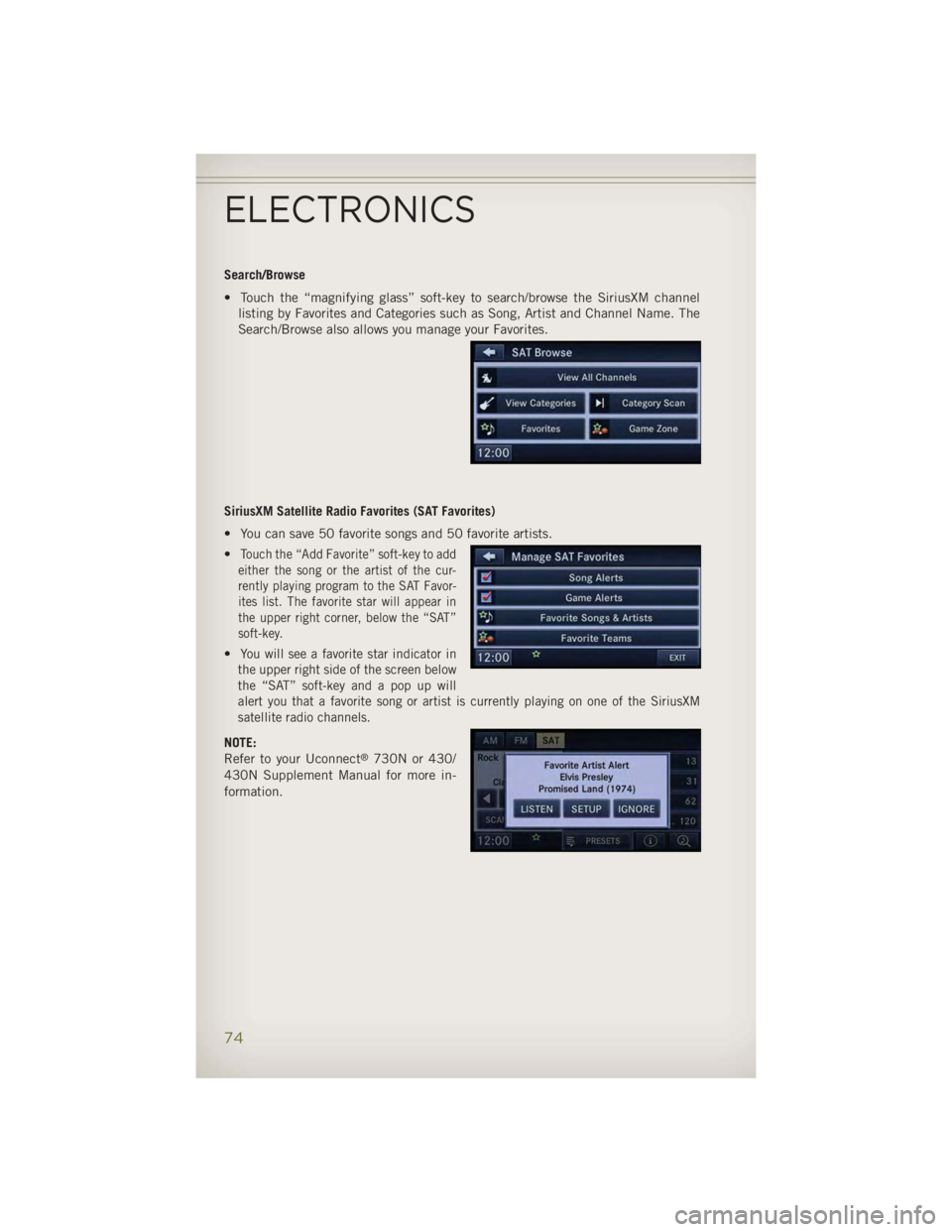 JEEP WRANGLER UNLIMITED 2014 Manual PDF Search/Browse
• Touch the “magnifying glass” soft-key to search/browse the SiriusXM channel
listing by Favorites and Categories such as Song, Artist and Channel Name. The
Search/Browse also allo JEEP WRANGLER UNLIMITED 2014 Manual PDF Search/Browse
• Touch the “magnifying glass” soft-key to search/browse the SiriusXM channel
listing by Favorites and Categories such as Song, Artist and Channel Name. The
Search/Browse also allo