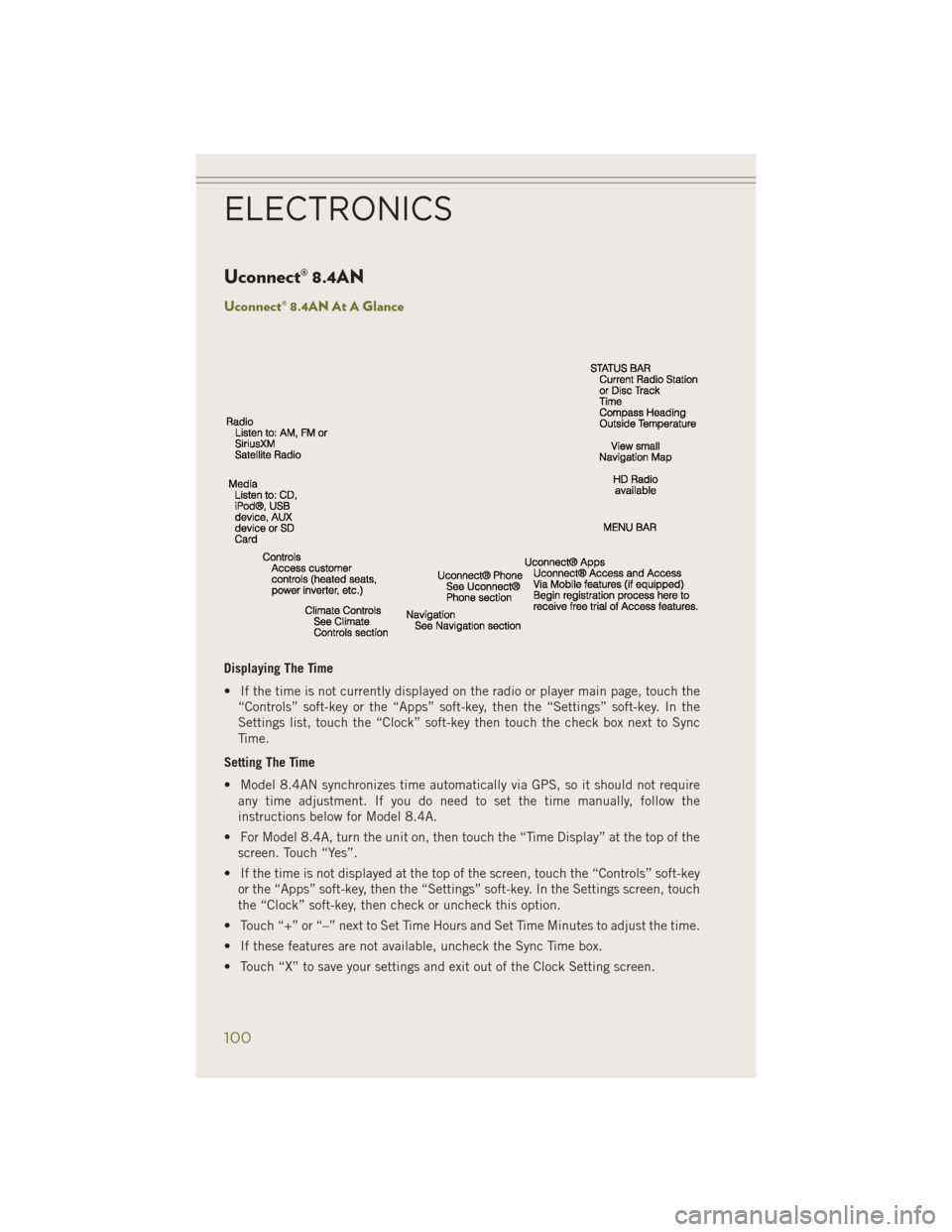 JEEP CHEROKEE 2014 KL / 5.G User Guide Uconnect® 8.4AN
Uconnect® 8.4AN At A Glance
Displaying The Time
• If the time is not currently displayed on the radio or player main page, touch the“Controls” soft-key or the “Apps” soft-k