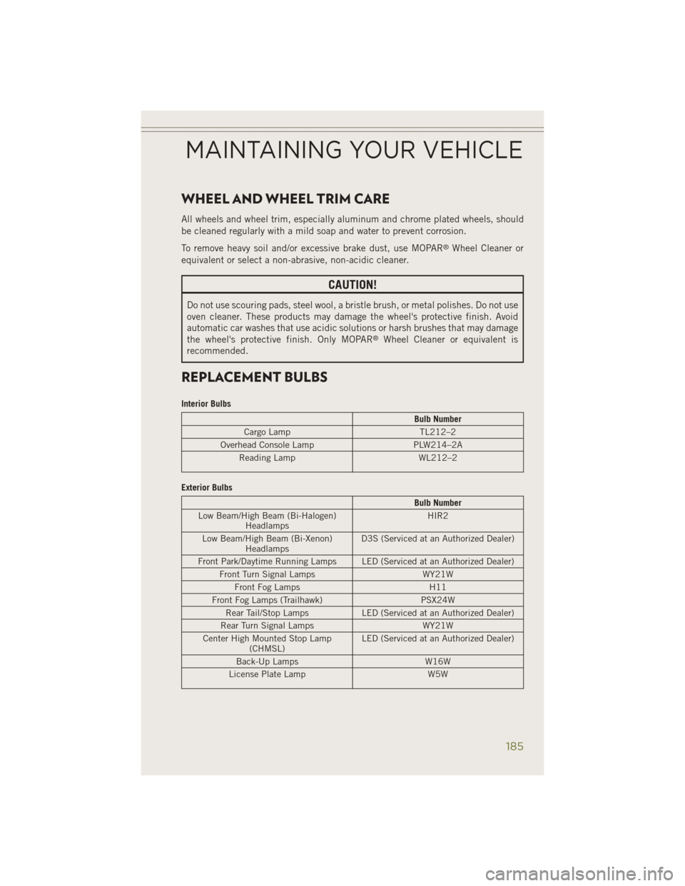 JEEP CHEROKEE 2014 KL / 5.G User Guide WHEEL AND WHEEL TRIM CARE
All wheels and wheel trim, especially aluminum and chrome plated wheels, should
be cleaned regularly with a mild soap and water to prevent corrosion.
To remove heavy soil and JEEP CHEROKEE 2014 KL / 5.G User Guide WHEEL AND WHEEL TRIM CARE
All wheels and wheel trim, especially aluminum and chrome plated wheels, should
be cleaned regularly with a mild soap and water to prevent corrosion.
To remove heavy soil and