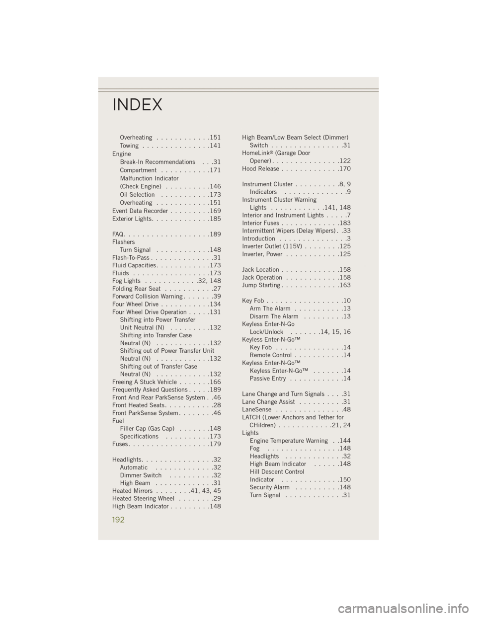 JEEP CHEROKEE 2014 KL / 5.G User Guide Overheating............151
Towing ...............141
Engine Break-In Recommendations . . .31
Compartment ...........171
Malfunction Indicator
(CheckEngine) ..........146
OilSelection ...........173
Ov JEEP CHEROKEE 2014 KL / 5.G User Guide Overheating............151
Towing ...............141
Engine Break-In Recommendations . . .31
Compartment ...........171
Malfunction Indicator
(CheckEngine) ..........146
OilSelection ...........173
Ov