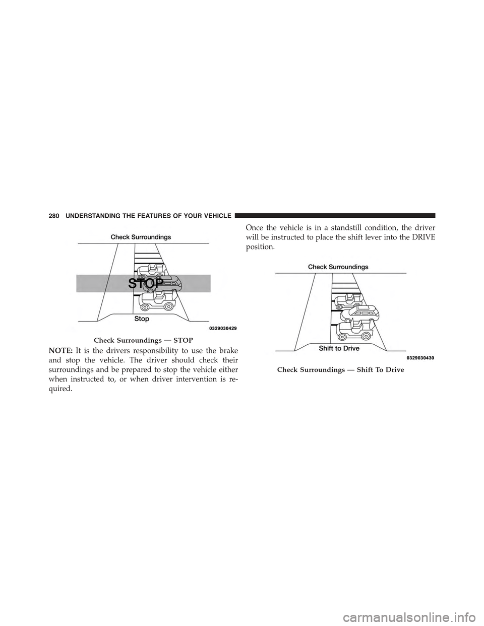 JEEP CHEROKEE 2015 KL / 5.G Owners Manual NOTE:It is the drivers responsibility to use the brake
and stop the vehicle. The driver should check their
surroundings and be prepared to stop the vehicle either
when instructed to, or when driver in JEEP CHEROKEE 2015 KL / 5.G Owners Manual NOTE:It is the drivers responsibility to use the brake
and stop the vehicle. The driver should check their
surroundings and be prepared to stop the vehicle either
when instructed to, or when driver in