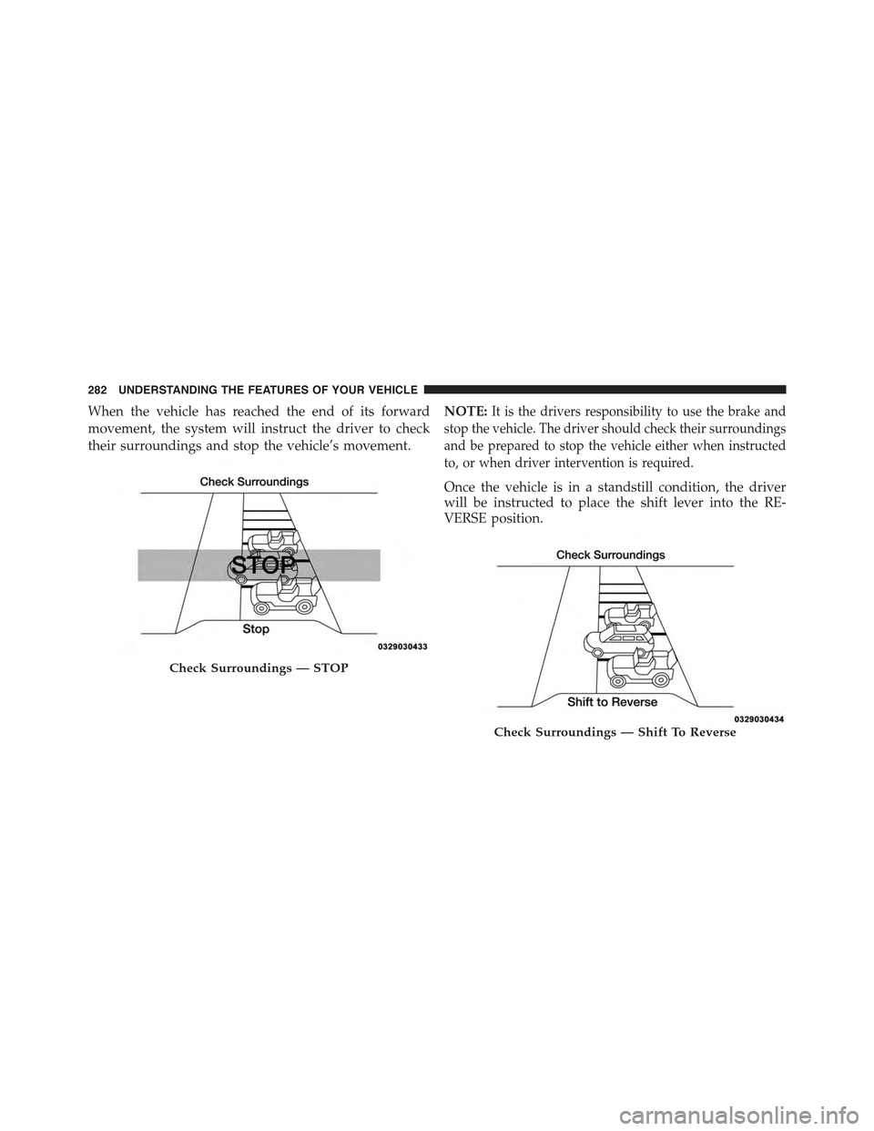 JEEP CHEROKEE 2015 KL / 5.G Owners Manual When the vehicle has reached the end of its forward
movement, the system will instruct the driver to check
their surroundings and stop the vehicle’s movement.
NOTE:It is the drivers responsibility t JEEP CHEROKEE 2015 KL / 5.G Owners Manual When the vehicle has reached the end of its forward
movement, the system will instruct the driver to check
their surroundings and stop the vehicle’s movement.
NOTE:It is the drivers responsibility t