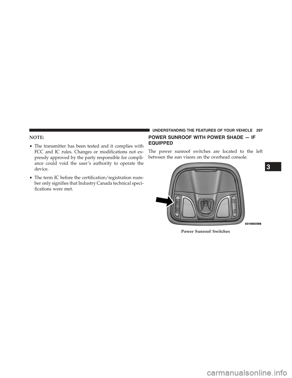 JEEP CHEROKEE 2015 KL / 5.G Owners Manual NOTE:
•The transmitter has been tested and it complies with
FCC and IC rules. Changes or modifications not ex-
pressly approved by the party responsible for compli-
ance could void the user ’s aut JEEP CHEROKEE 2015 KL / 5.G Owners Manual NOTE:
•The transmitter has been tested and it complies with
FCC and IC rules. Changes or modifications not ex-
pressly approved by the party responsible for compli-
ance could void the user ’s aut