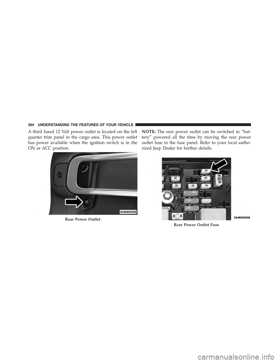 JEEP CHEROKEE 2015 KL / 5.G Owners Manual A third fused 12 Volt power outlet is located on the left
quarter trim panel in the cargo area. This power outlet
has power available when the ignition switch is in the
ON or ACC position.
NOTE:The re JEEP CHEROKEE 2015 KL / 5.G Owners Manual A third fused 12 Volt power outlet is located on the left
quarter trim panel in the cargo area. This power outlet
has power available when the ignition switch is in the
ON or ACC position.
NOTE:The re