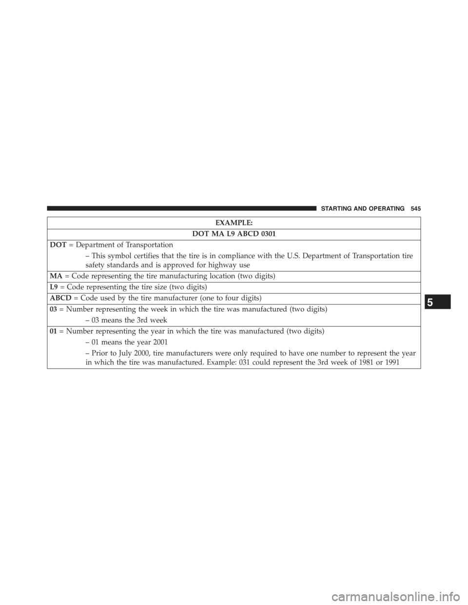 JEEP CHEROKEE 2015 KL / 5.G Owners Manual EXAMPLE:
DOT MA L9 ABCD 0301
DOT= Department of Transportation
– This symbol certifies that the tire is in compliance with the U.S. Department of Transportation tire
safety standards and is approved