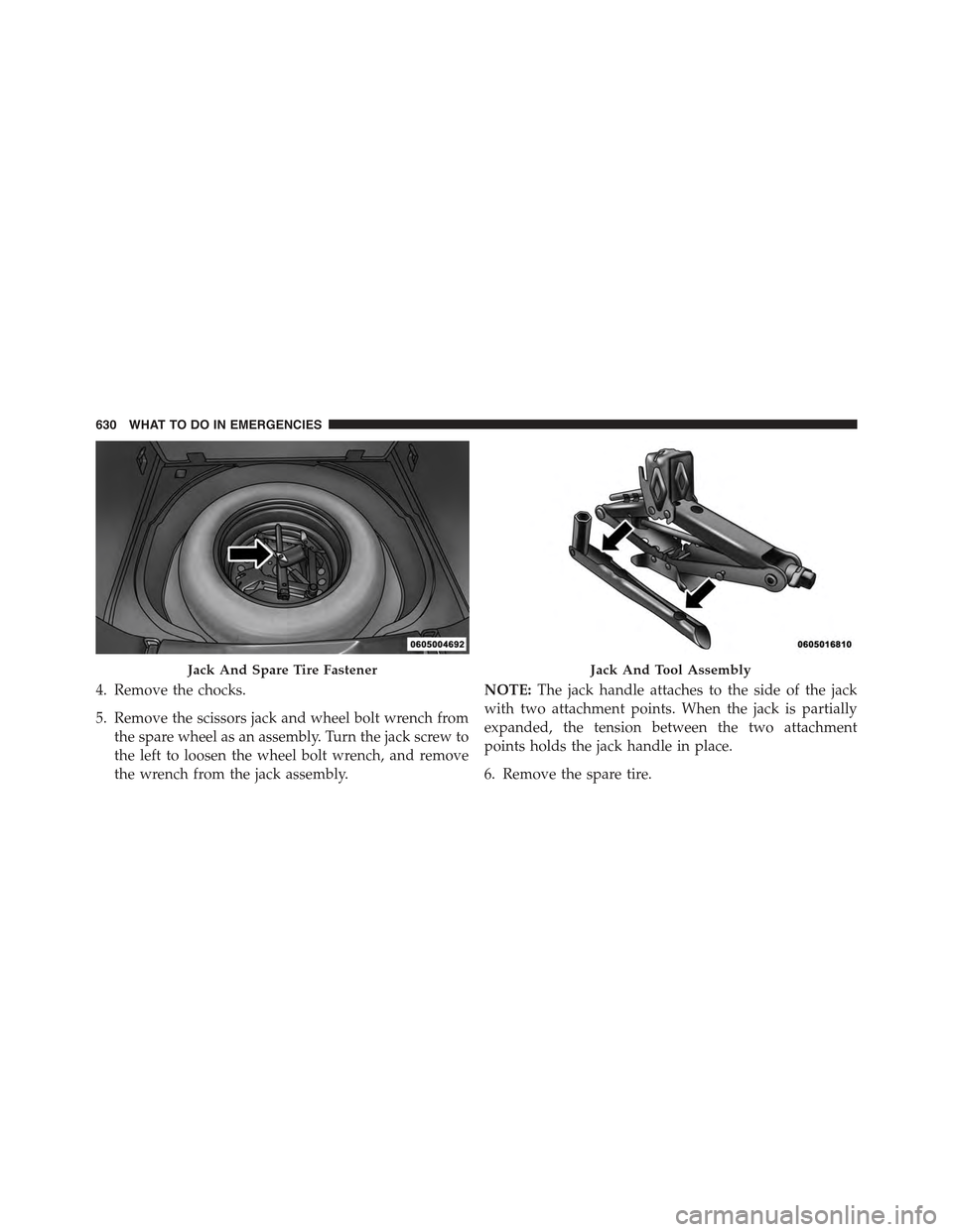 JEEP CHEROKEE 2015 KL / 5.G Owners Manual 4. Remove the chocks.
5. Remove the scissors jack and wheel bolt wrench from
the spare wheel as an assembly. Turn the jack screw to
the left to loosen the wheel bolt wrench, and remove
the wrench from JEEP CHEROKEE 2015 KL / 5.G Owners Manual 4. Remove the chocks.
5. Remove the scissors jack and wheel bolt wrench from
the spare wheel as an assembly. Turn the jack screw to
the left to loosen the wheel bolt wrench, and remove
the wrench from