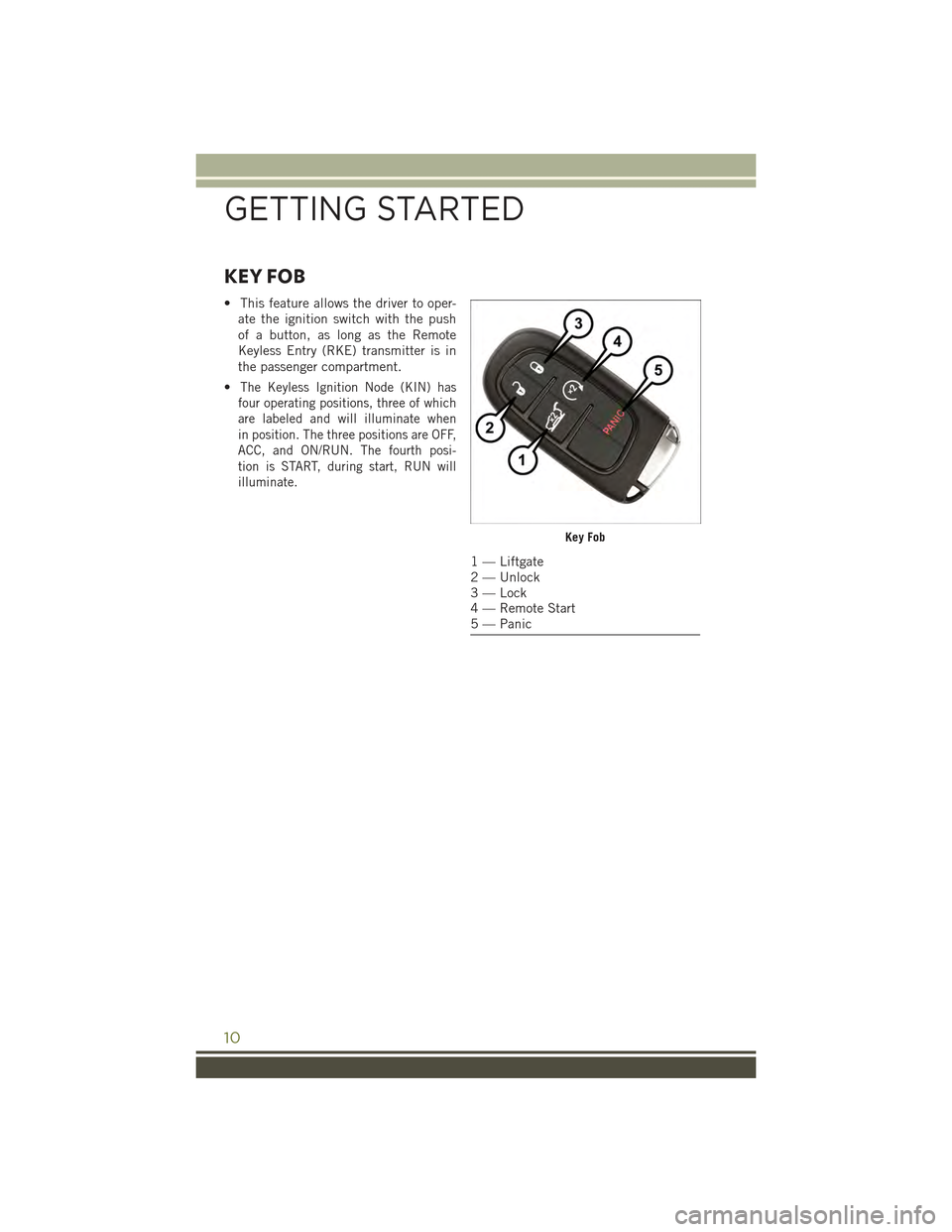 JEEP CHEROKEE 2015 KL / 5.G User Guide KEY FOB
• This feature allows the driver to oper-
ate the ignition switch with the push
of a button, as long as the Remote
Keyless Entry (RKE) transmitter is in
the passenger compartment.
•The Key