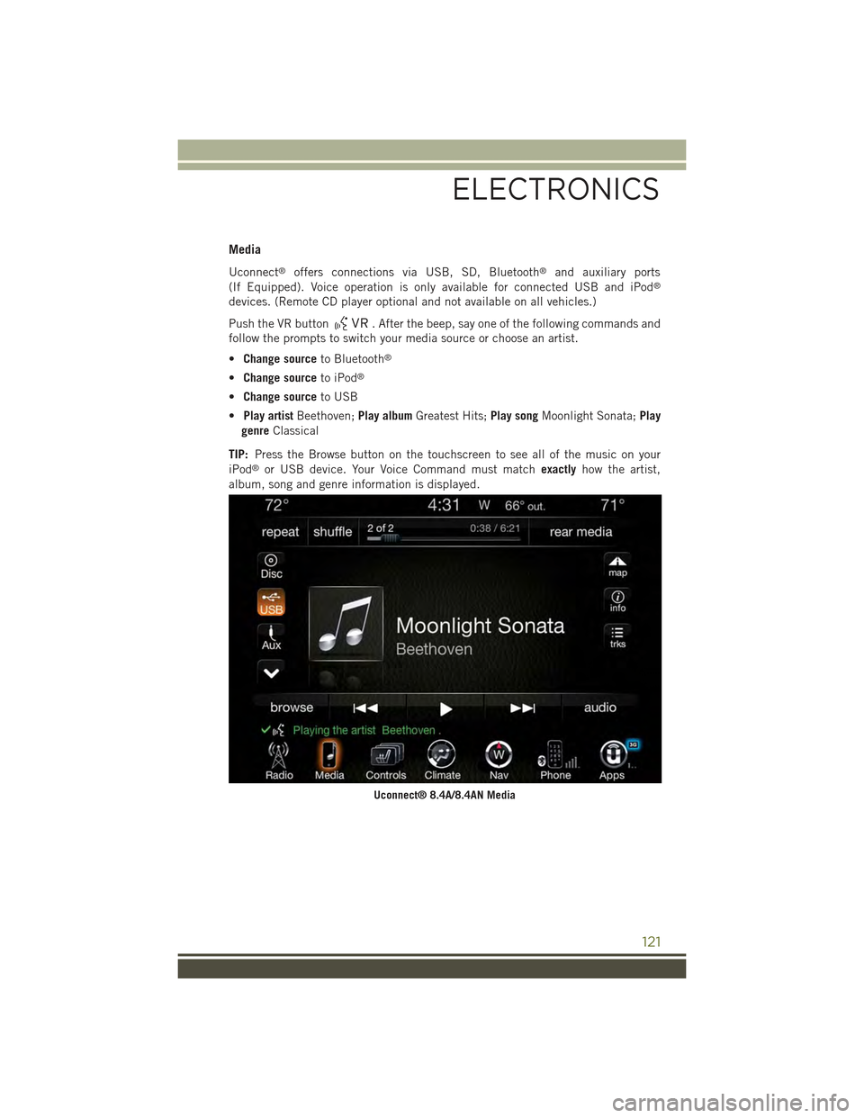 JEEP CHEROKEE 2015 KL / 5.G Owners Manual Media
Uconnect®offers connections via USB, SD, Bluetooth®and auxiliary ports
(If Equipped). Voice operation is only available for connected USB and iPod®
devices. (Remote CD player optional and not JEEP CHEROKEE 2015 KL / 5.G Owners Manual Media
Uconnect®offers connections via USB, SD, Bluetooth®and auxiliary ports
(If Equipped). Voice operation is only available for connected USB and iPod®
devices. (Remote CD player optional and not