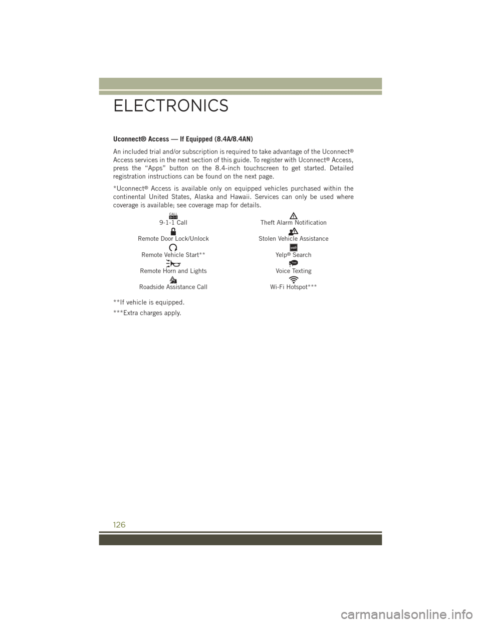 JEEP CHEROKEE 2015 KL / 5.G User Guide Uconnect® Access — If Equipped (8.4A/8.4AN)
An included trial and/or subscription is required to take advantage of the Uconnect®
Access services in the next section of this guide. To register with JEEP CHEROKEE 2015 KL / 5.G User Guide Uconnect® Access — If Equipped (8.4A/8.4AN)
An included trial and/or subscription is required to take advantage of the Uconnect®
Access services in the next section of this guide. To register with