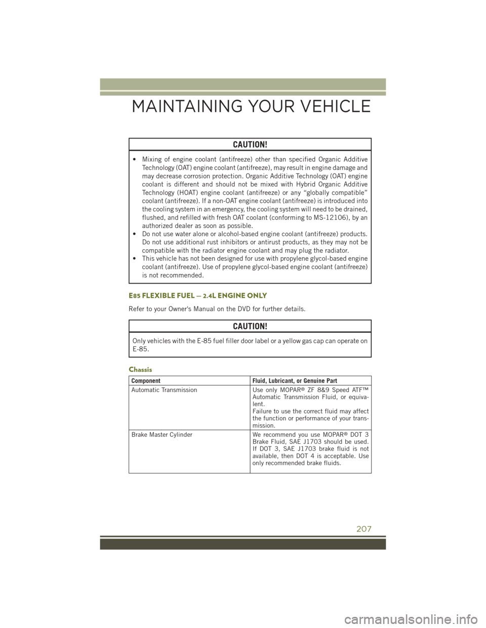 JEEP CHEROKEE 2015 KL / 5.G User Guide CAUTION!
• Mixing of engine coolant (antifreeze) other than specified Organic Additive
Technology (OAT) engine coolant (antifreeze), may result in engine damage and
may decrease corrosion protection JEEP CHEROKEE 2015 KL / 5.G User Guide CAUTION!
• Mixing of engine coolant (antifreeze) other than specified Organic Additive
Technology (OAT) engine coolant (antifreeze), may result in engine damage and
may decrease corrosion protection