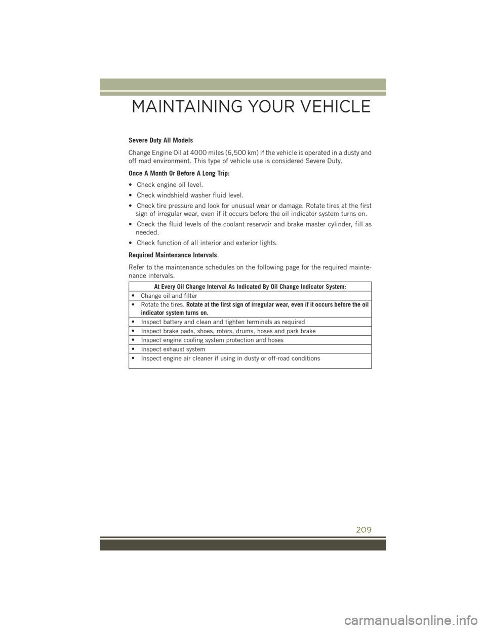 JEEP CHEROKEE 2015 KL / 5.G User Guide Severe Duty All Models
Change Engine Oil at 4000 miles (6,500 km) if the vehicle is operated in a dusty and
off road environment. This type of vehicle use is considered Severe Duty.
Once A Month Or Be JEEP CHEROKEE 2015 KL / 5.G User Guide Severe Duty All Models
Change Engine Oil at 4000 miles (6,500 km) if the vehicle is operated in a dusty and
off road environment. This type of vehicle use is considered Severe Duty.
Once A Month Or Be