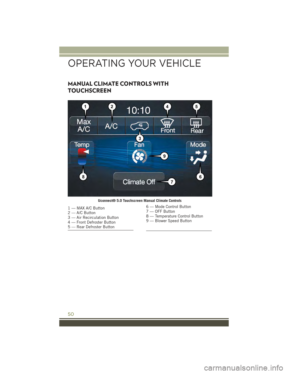JEEP CHEROKEE 2015 KL / 5.G Workshop Manual MANUAL CLIMATE CONTROLS WITH
TOUCHSCREEN
Uconnect® 5.0 Touchscreen Manual Climate Controls
1 — MAX A/C Button2 — A/C Button3 — Air Recirculation Button4 — Front Defroster Button5 — Rear Def JEEP CHEROKEE 2015 KL / 5.G Workshop Manual MANUAL CLIMATE CONTROLS WITH
TOUCHSCREEN
Uconnect® 5.0 Touchscreen Manual Climate Controls
1 — MAX A/C Button2 — A/C Button3 — Air Recirculation Button4 — Front Defroster Button5 — Rear Def