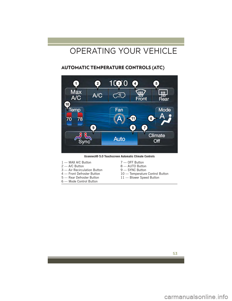 JEEP CHEROKEE 2015 KL / 5.G Workshop Manual AUTOMATIC TEMPERATURE CONTROLS (ATC)
Uconnect® 5.0 Touchscreen Automatic Climate Controls
1 — MAX A/C Button7 — OFF Button2 — A/C Button8 — AUTO Button3 — Air Recirculation Button9 — SYNC JEEP CHEROKEE 2015 KL / 5.G Workshop Manual AUTOMATIC TEMPERATURE CONTROLS (ATC)
Uconnect® 5.0 Touchscreen Automatic Climate Controls
1 — MAX A/C Button7 — OFF Button2 — A/C Button8 — AUTO Button3 — Air Recirculation Button9 — SYNC