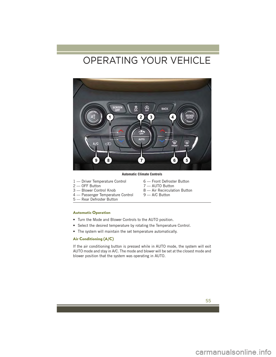 JEEP CHEROKEE 2015 KL / 5.G Workshop Manual Automatic Operation
• Turn the Mode and Blower Controls to the AUTO position.
• Select the desired temperature by rotating the Temperature Control.
• The system will maintain the set temperature JEEP CHEROKEE 2015 KL / 5.G Workshop Manual Automatic Operation
• Turn the Mode and Blower Controls to the AUTO position.
• Select the desired temperature by rotating the Temperature Control.
• The system will maintain the set temperature