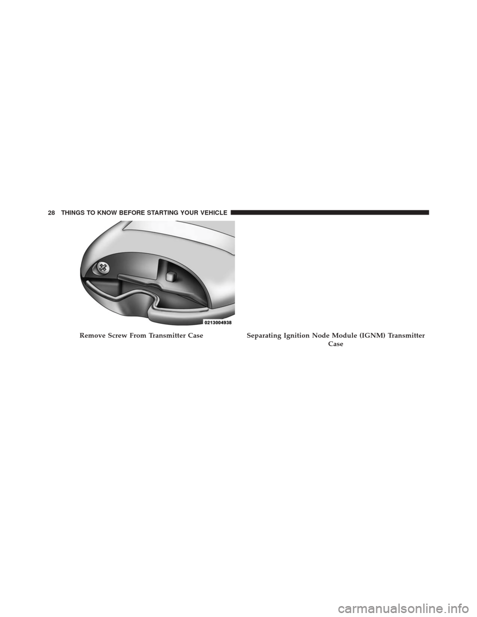 JEEP CHEROKEE 2016 KL / 5.G Owners Manual Remove Screw From Transmitter CaseSeparating Ignition Node Module (IGNM) TransmitterCase
28 THINGS TO KNOW BEFORE STARTING YOUR VEHICLE JEEP CHEROKEE 2016 KL / 5.G Owners Manual Remove Screw From Transmitter CaseSeparating Ignition Node Module (IGNM) TransmitterCase
28 THINGS TO KNOW BEFORE STARTING YOUR VEHICLE