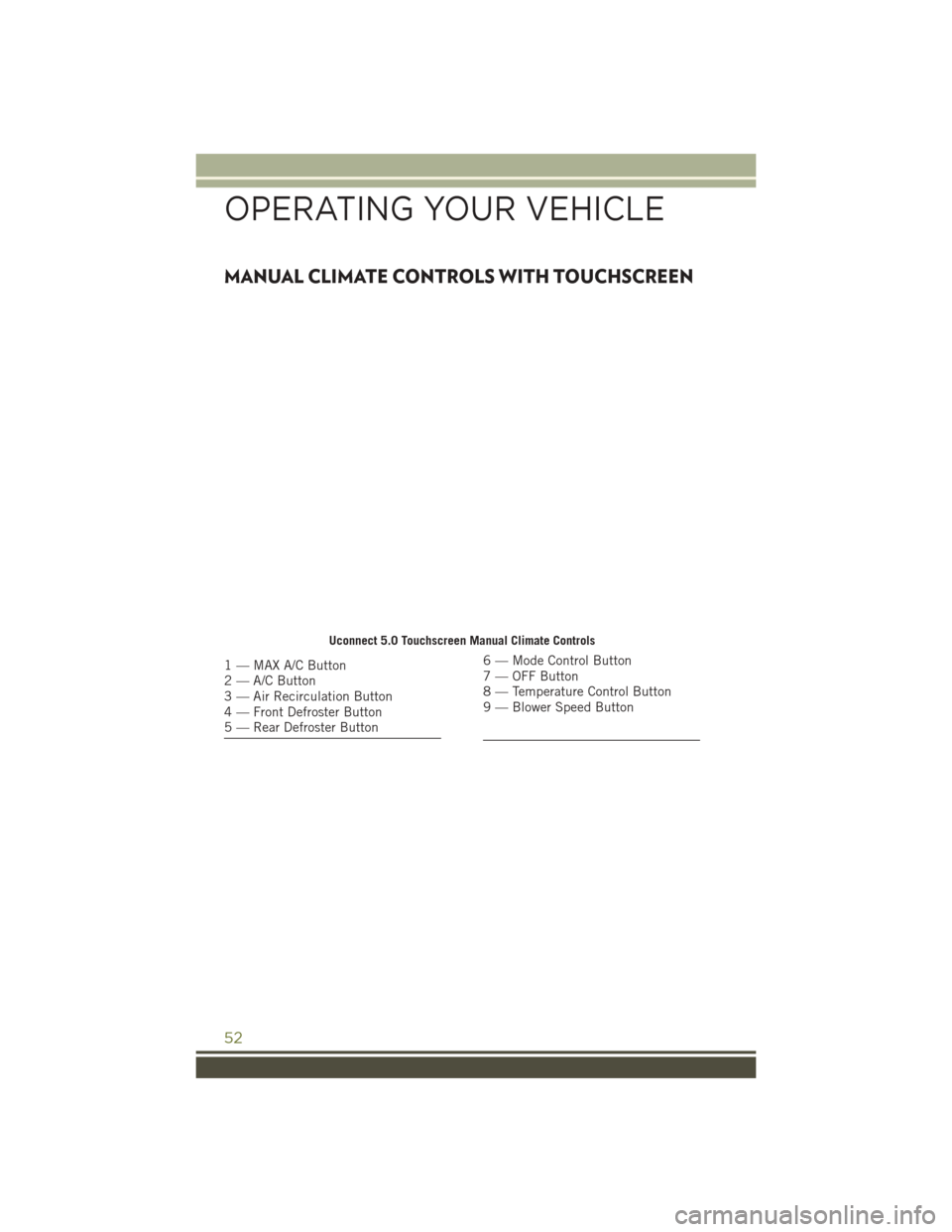 JEEP CHEROKEE 2016 KL / 5.G Workshop Manual MANUAL CLIMATE CONTROLS WITH TOUCHSCREEN
Uconnect 5.0 Touchscreen Manual Climate Controls
1 — MAX A/C Button
2 — A/C Button
3 — Air Recirculation Button
4 — Front Defroster Button
5 — Rear D JEEP CHEROKEE 2016 KL / 5.G Workshop Manual MANUAL CLIMATE CONTROLS WITH TOUCHSCREEN
Uconnect 5.0 Touchscreen Manual Climate Controls
1 — MAX A/C Button
2 — A/C Button
3 — Air Recirculation Button
4 — Front Defroster Button
5 — Rear D