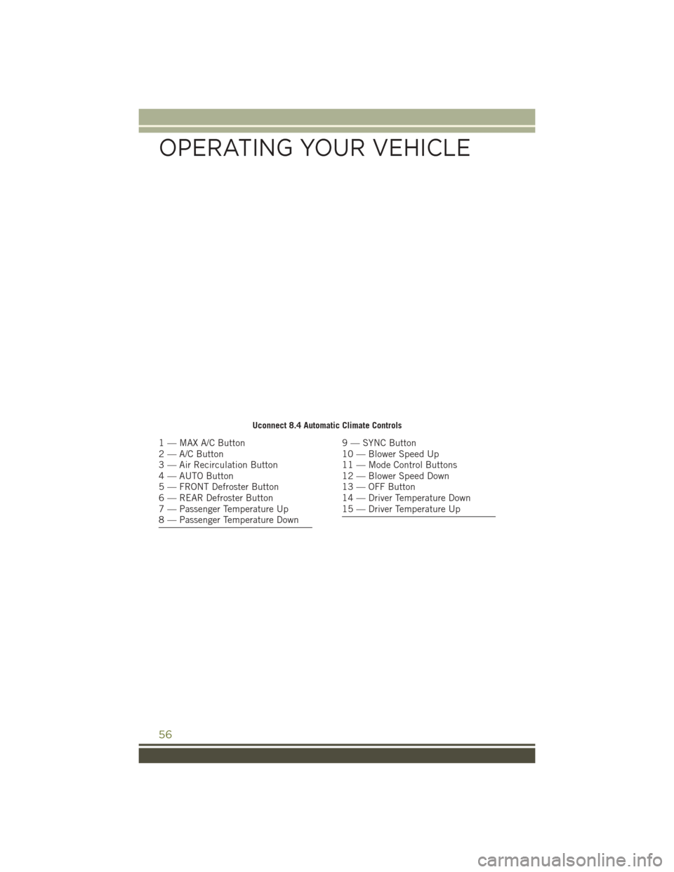 JEEP CHEROKEE 2016 KL / 5.G Workshop Manual Uconnect 8.4 Automatic Climate Controls
1 — MAX A/C Button
2 — A/C Button
3 — Air Recirculation Button
4 — AUTO Button
5 — FRONT Defroster Button
6 — REAR Defroster Button
7 — Passenger JEEP CHEROKEE 2016 KL / 5.G Workshop Manual Uconnect 8.4 Automatic Climate Controls
1 — MAX A/C Button
2 — A/C Button
3 — Air Recirculation Button
4 — AUTO Button
5 — FRONT Defroster Button
6 — REAR Defroster Button
7 — Passenger