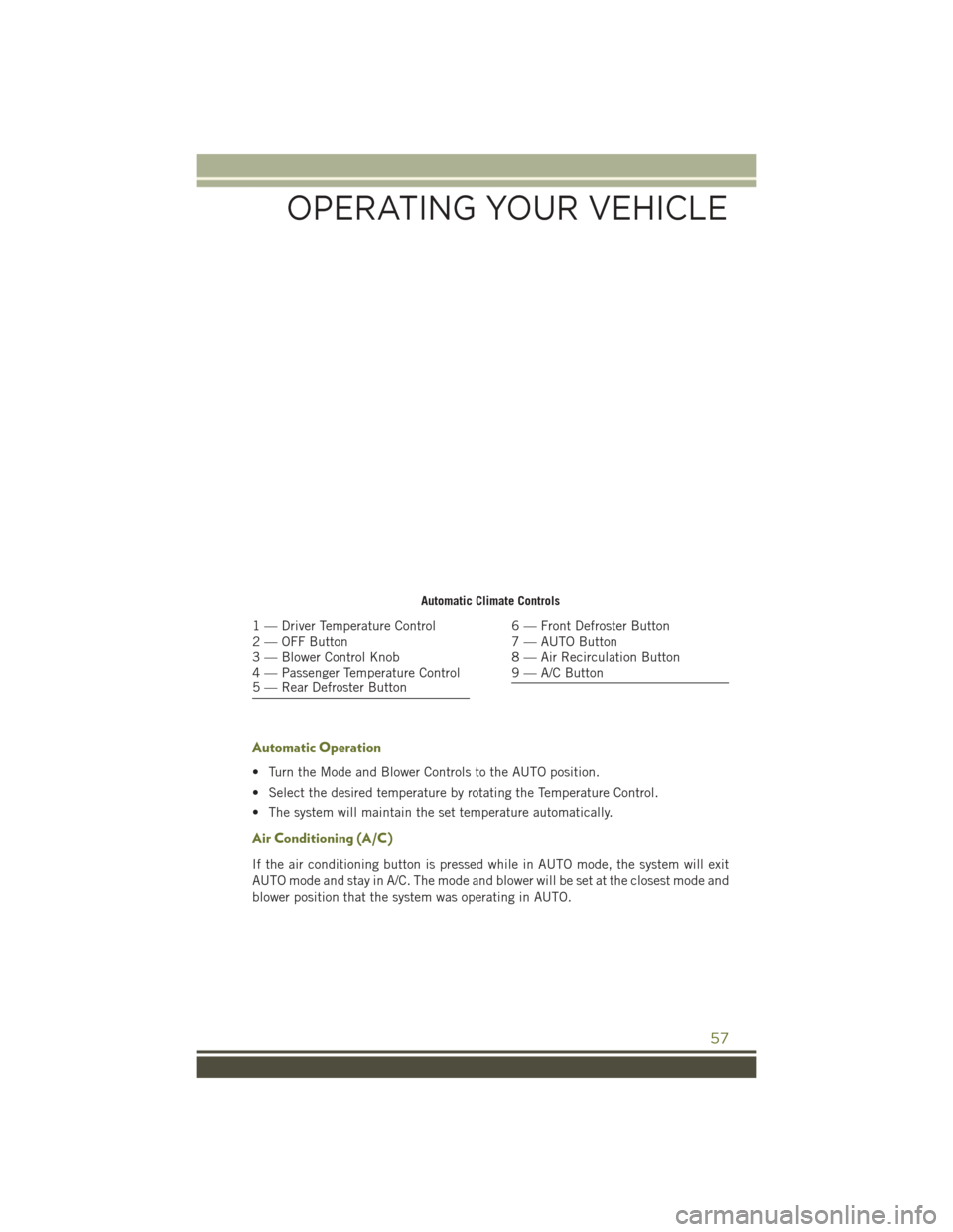 JEEP CHEROKEE 2016 KL / 5.G Workshop Manual Automatic Operation
• Turn the Mode and Blower Controls to the AUTO position.
• Select the desired temperature by rotating the Temperature Control.
• The system will maintain the set temperature JEEP CHEROKEE 2016 KL / 5.G Workshop Manual Automatic Operation
• Turn the Mode and Blower Controls to the AUTO position.
• Select the desired temperature by rotating the Temperature Control.
• The system will maintain the set temperature