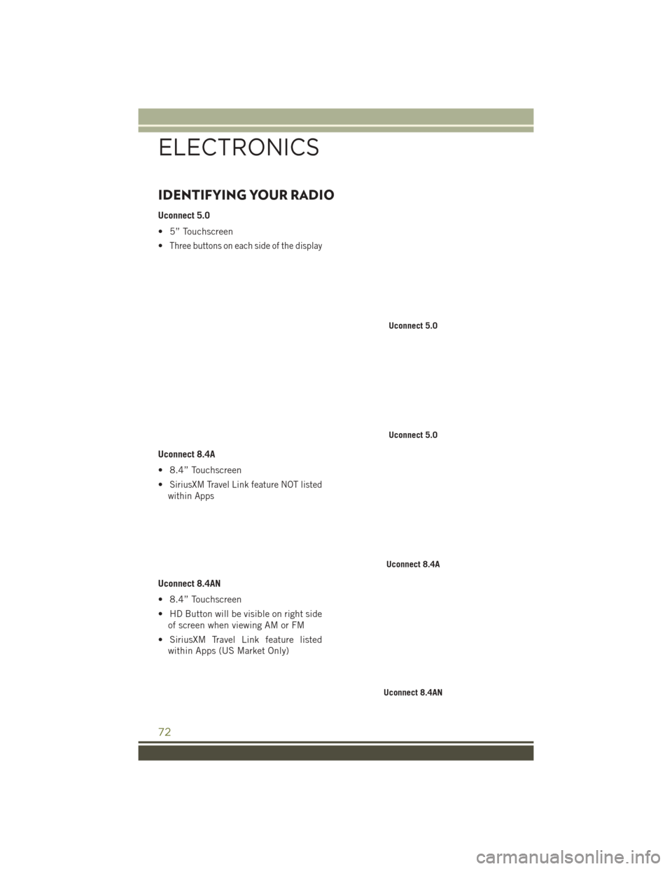 JEEP CHEROKEE 2016 KL / 5.G Manual PDF IDENTIFYING YOUR RADIO
Uconnect 5.0
• 5” Touchscreen
•
Three buttons on each side of the display
Uconnect 8.4A
• 8.4” Touchscreen
•
SiriusXM Travel Link feature NOT listed
within Apps
Ucon
