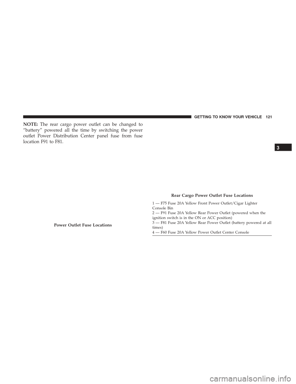 JEEP CHEROKEE 2017 KL / 5.G User Guide NOTE:The rear cargo power outlet can be changed to
“battery” powered all the time by switching the power
outlet Power Distribution Center panel fuse from fuse
location F91 to F81.
Power Outlet Fus