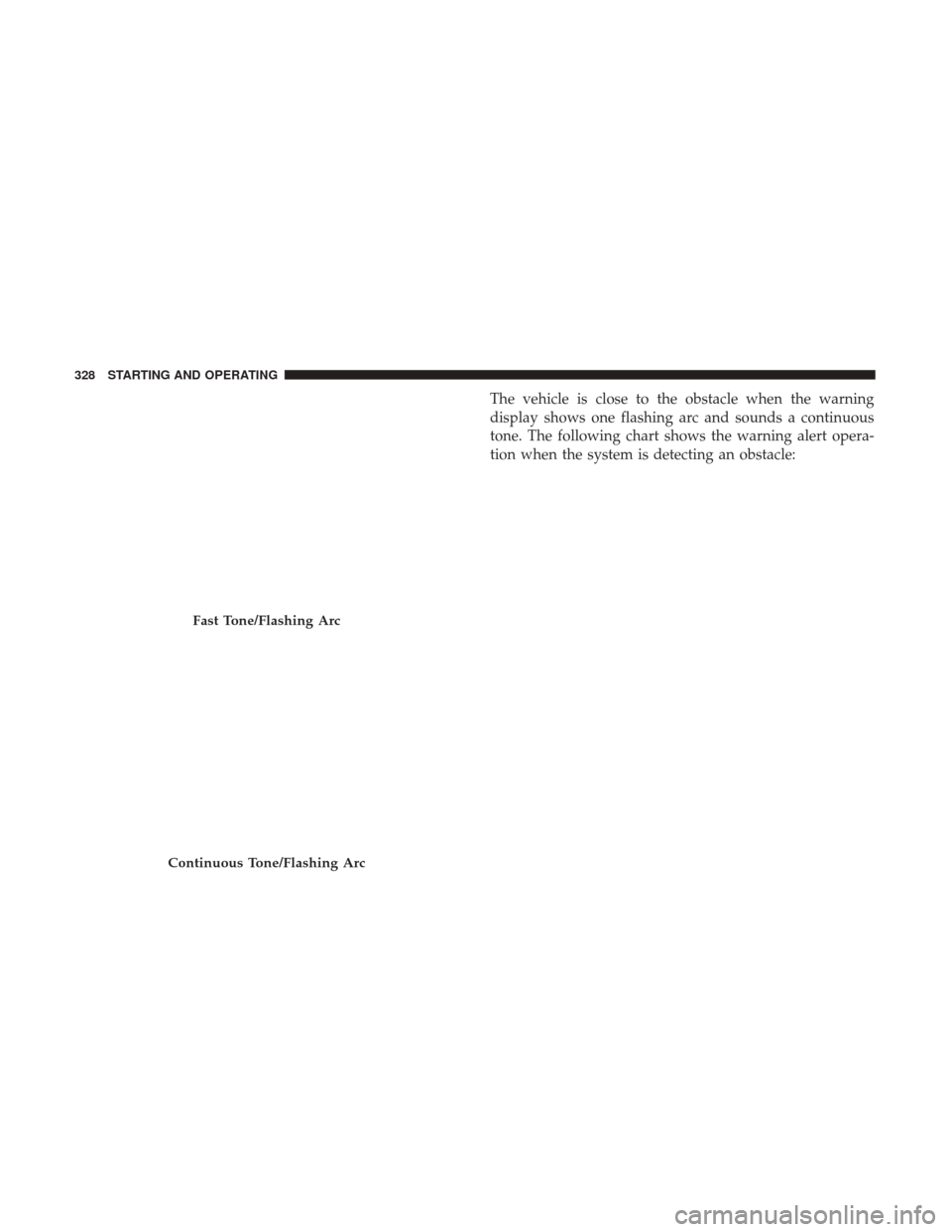 JEEP CHEROKEE 2017 KL / 5.G Manual PDF The vehicle is close to the obstacle when the warning
display shows one flashing arc and sounds a continuous
tone. The following chart shows the warning alert opera-
tion when the system is detecting JEEP CHEROKEE 2017 KL / 5.G Manual PDF The vehicle is close to the obstacle when the warning
display shows one flashing arc and sounds a continuous
tone. The following chart shows the warning alert opera-
tion when the system is detecting