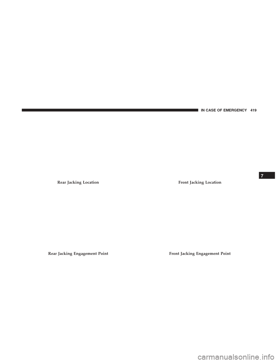 JEEP CHEROKEE 2017 KL / 5.G User Guide Rear Jacking Location
Rear Jacking Engagement Point
Front Jacking Location
Front Jacking Engagement Point
7
IN CASE OF EMERGENCY 419 