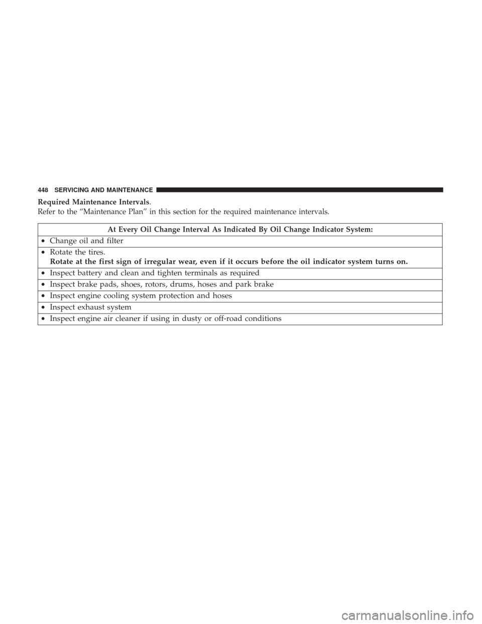 JEEP CHEROKEE 2017 KL / 5.G User Guide Required Maintenance Intervals.
Refer to the “Maintenance Plan” in this section for the required maintenance intervals.
At Every Oil Change Interval As Indicated By Oil Change Indicator System:
�