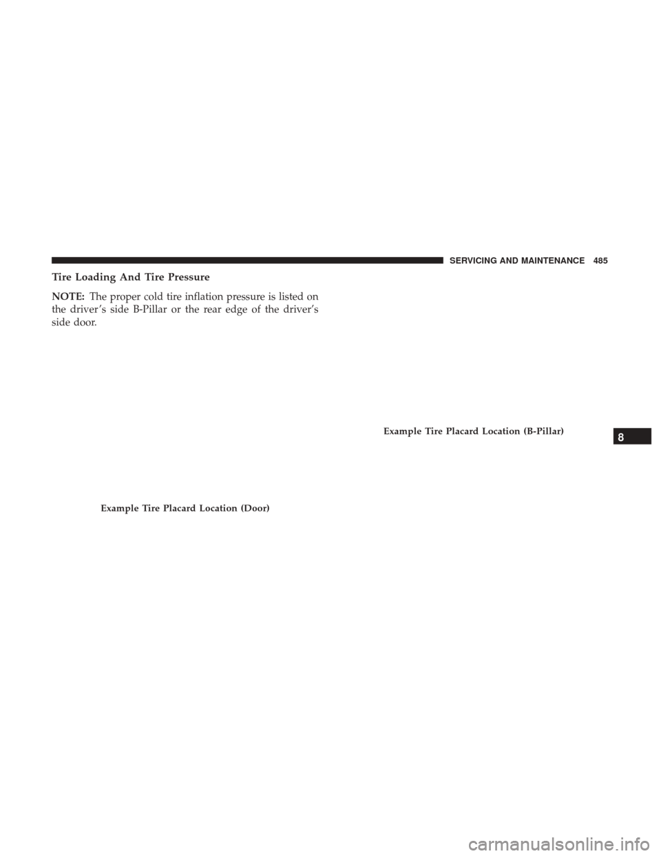 JEEP CHEROKEE 2017 KL / 5.G User Guide Tire Loading And Tire Pressure
NOTE:The proper cold tire inflation pressure is listed on
the driver ’s side B-Pillar or the rear edge of the driver’s
side door.
Example Tire Placard Location (Door JEEP CHEROKEE 2017 KL / 5.G User Guide Tire Loading And Tire Pressure
NOTE:The proper cold tire inflation pressure is listed on
the driver ’s side B-Pillar or the rear edge of the driver’s
side door.
Example Tire Placard Location (Door