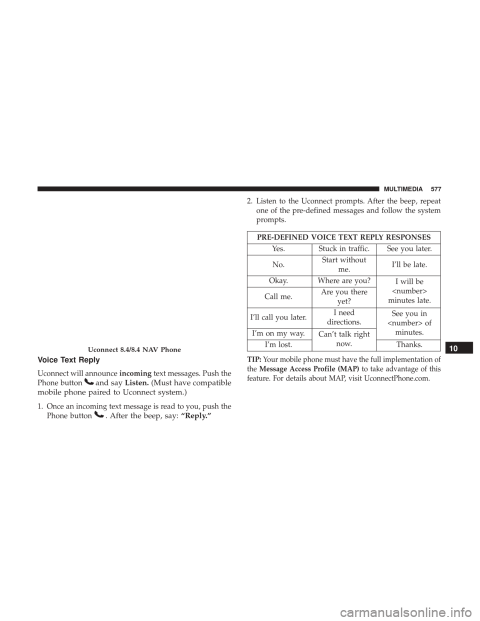 JEEP CHEROKEE 2017 KL / 5.G User Guide Voice Text Reply
Uconnect will announceincomingtext messages. Push the
Phone button
and say Listen.(Must have compatible
mobile phone paired to Uconnect system.)
1. Once an incoming text message is re