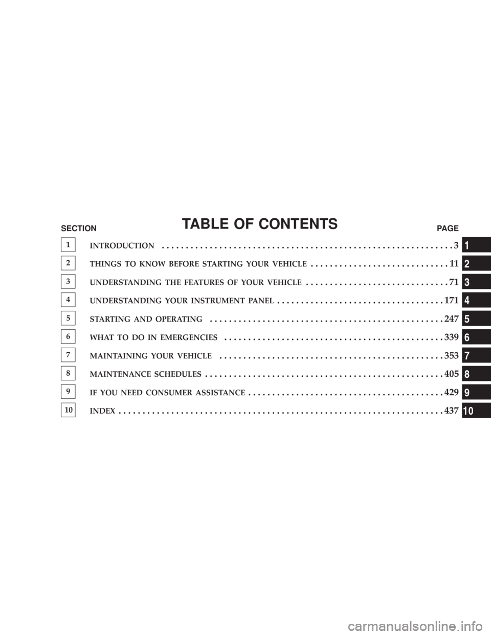 JEEP COMMANDER 2007 1.G Owners Manual TABLE OF CONTENTSSECTIONPAGE
1INTRODUCTION.............................................................3
2THINGS TO KNOW BEFORE STARTING YOUR VEHICLE.............................11
3UNDERSTANDING THE 