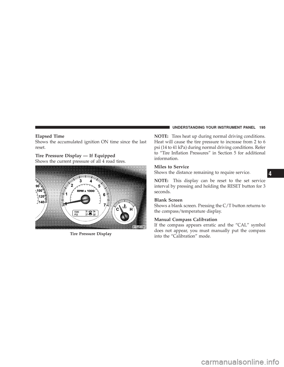 JEEP COMMANDER 2007 1.G Owners Manual Elapsed Time
Shows the accumulated ignition ON time since the last
reset.
Tire Pressure Display — If Equipped
Shows the current pressure of all 4 road tires.NOTE:Tires heat up during normal driving 