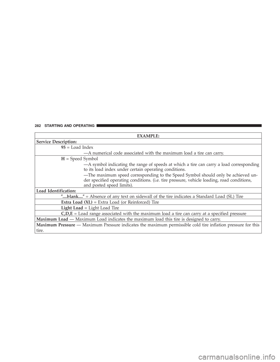 JEEP COMMANDER 2007 1.G Owners Manual EXAMPLE:
Service Description:
95= Load Index
—A numerical code associated with the maximum load a tire can carry.
H= Speed Symbol
—A symbol indicating the range of speeds at which a tire can carry