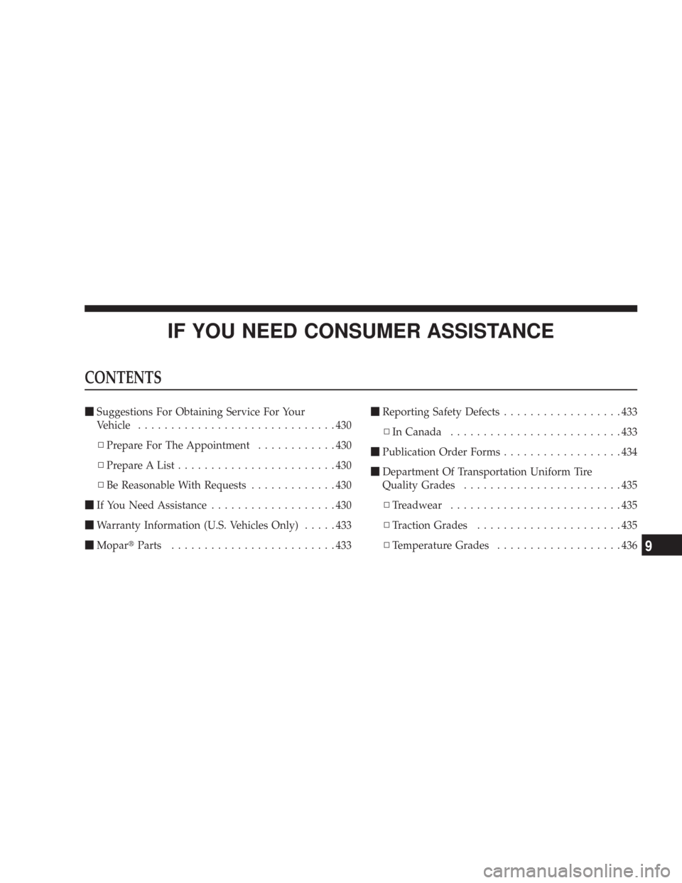 JEEP COMMANDER 2007 1.G Repair Manual IF YOU NEED CONSUMER ASSISTANCE
CONTENTS
Suggestions For Obtaining Service For Your
Vehicle..............................430
▫Prepare For The Appointment............430
▫Prepare A List...........
