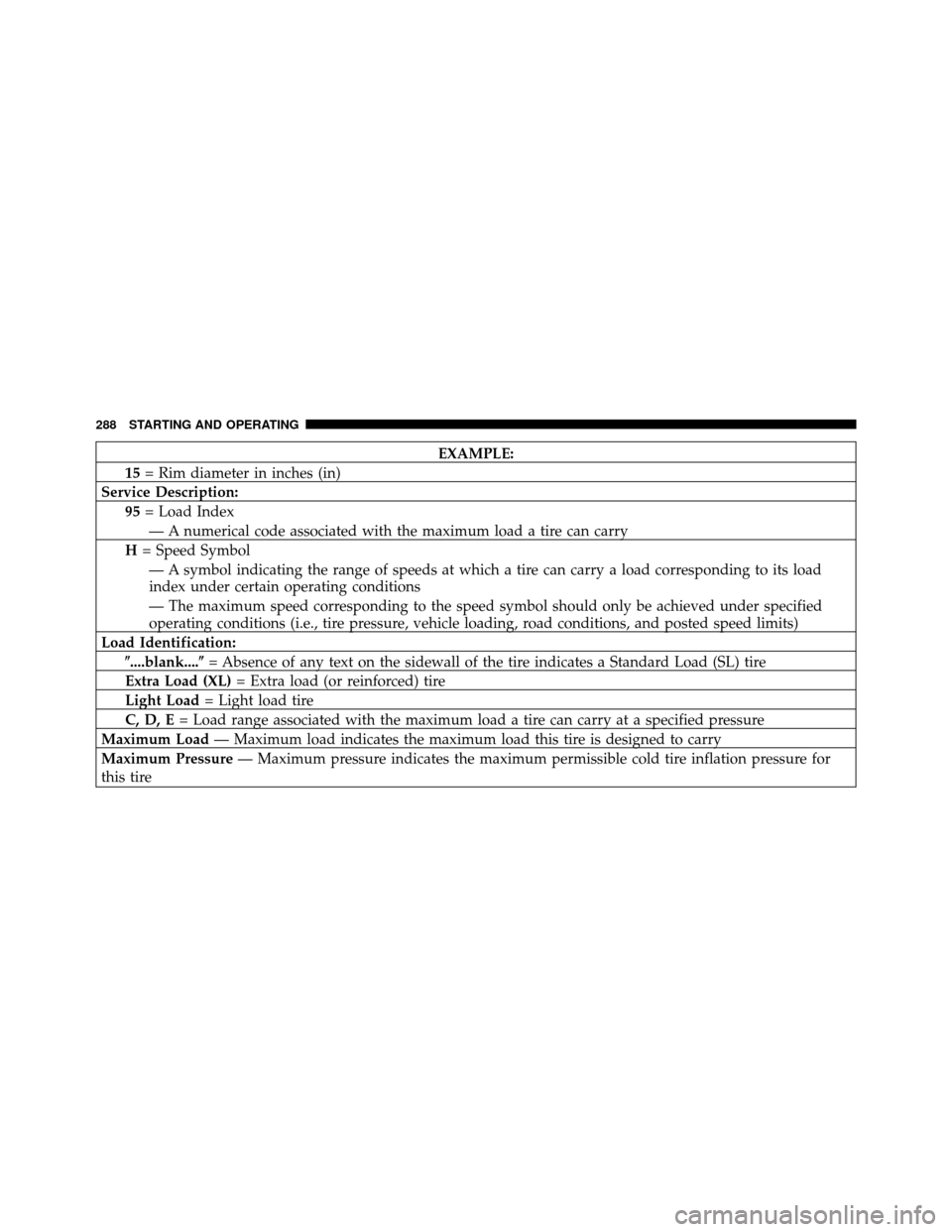 JEEP COMMANDER 2010 1.G Service Manual EXAMPLE:
15 = Rim diameter in inches (in)
Service Description: 95= Load Index
— A numerical code associated with the maximum load a tire can carry
H = Speed Symbol
— A symbol indicating the range 