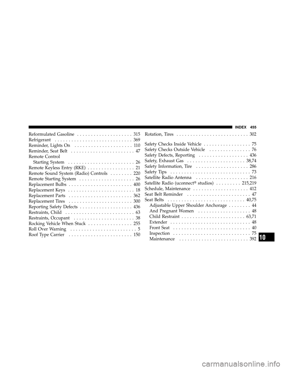 JEEP COMMANDER 2010 1.G Owners Manual Reformulated Gasoline.................... 315
Refrigerant ............................ 369
Reminder, Lights On ..................... 110
Reminder, Seat Belt ....................... 47
Remote Control S