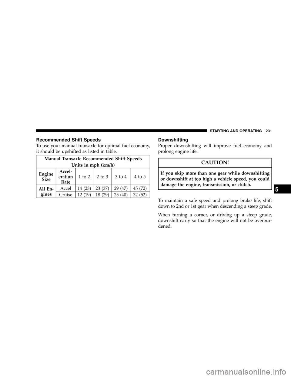 JEEP COMPASS 2008 1.G Owners Manual Recommended Shift Speeds
To use your manual transaxle for optimal fuel economy,
it should be upshifted as listed in table.
Manual Transaxle Recommended Shift Speeds
Units in mph (km/h)
Engine
SizeAcce