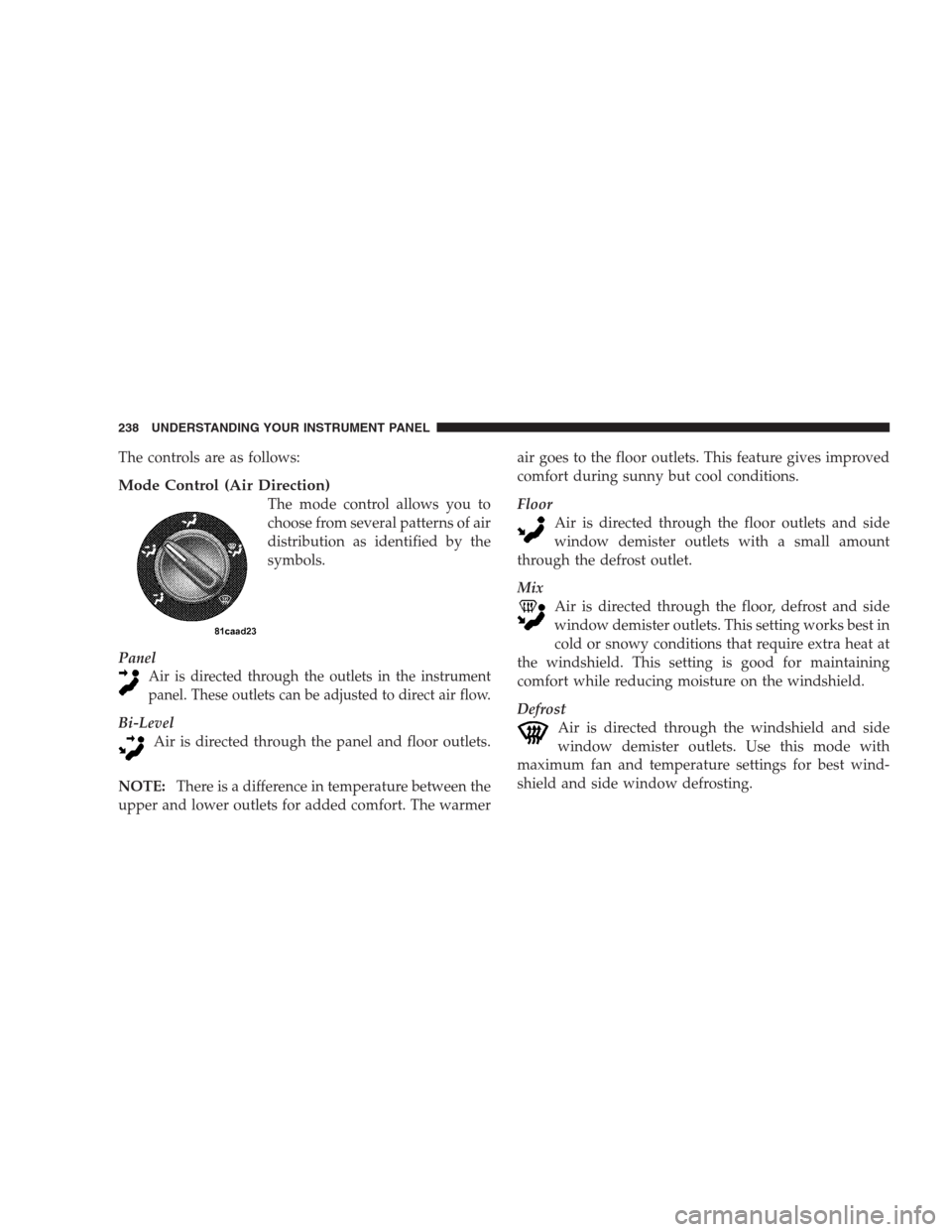 JEEP COMPASS 2009 1.G Owners Manual The controls are as follows:
Mode Control (Air Direction)
The mode control allows you to
choose from several patterns of air
distribution as identified by the
symbols.
Panel
Air is directed through th