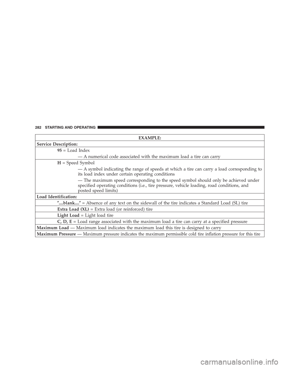 JEEP COMPASS 2009 1.G Owners Manual EXAMPLE:
Service Description:
95= Load Index
— A numerical code associated with the maximum load a tire can carry
H= Speed Symbol
— A symbol indicating the range of speeds at which a tire can carr