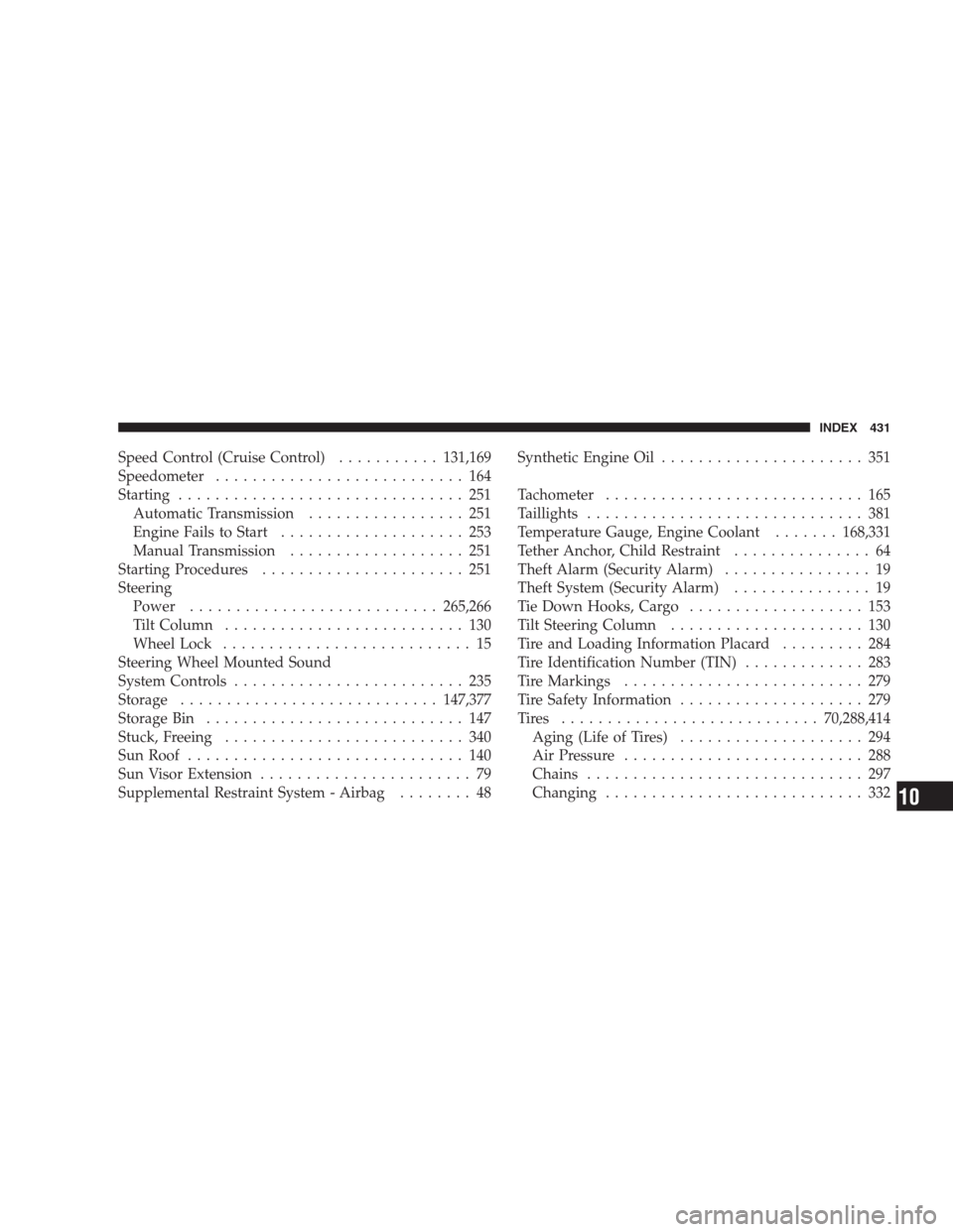 JEEP COMPASS 2009 1.G Owners Manual Speed Control (Cruise Control)...........131,169
Speedometer........................... 164
Starting............................... 251
Automatic Transmission................. 251
Engine Fails to Star