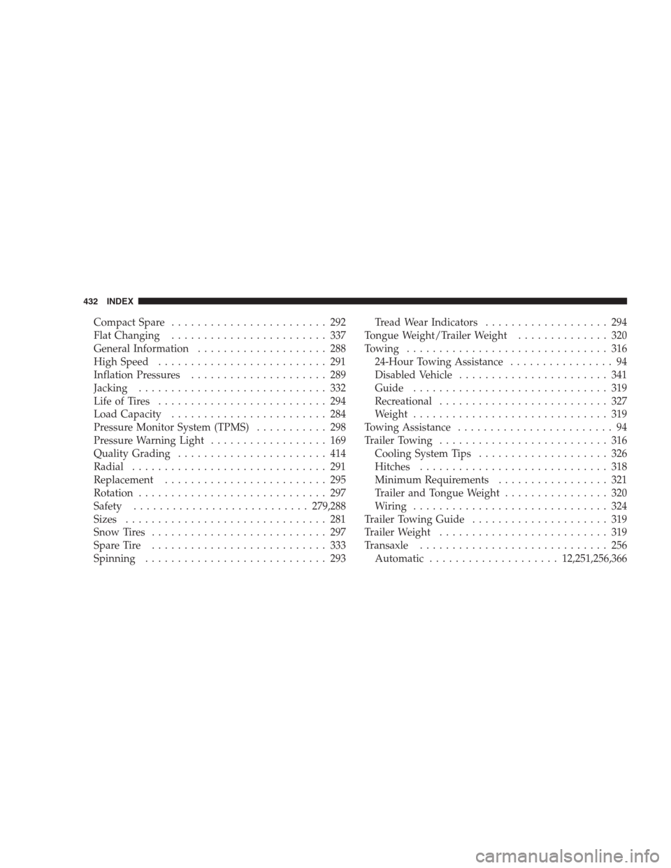 JEEP COMPASS 2009 1.G Service Manual Compact Spare........................ 292
Flat Changing........................ 337
General Information.................... 288
High Speed.......................... 291
Inflation Pressures............